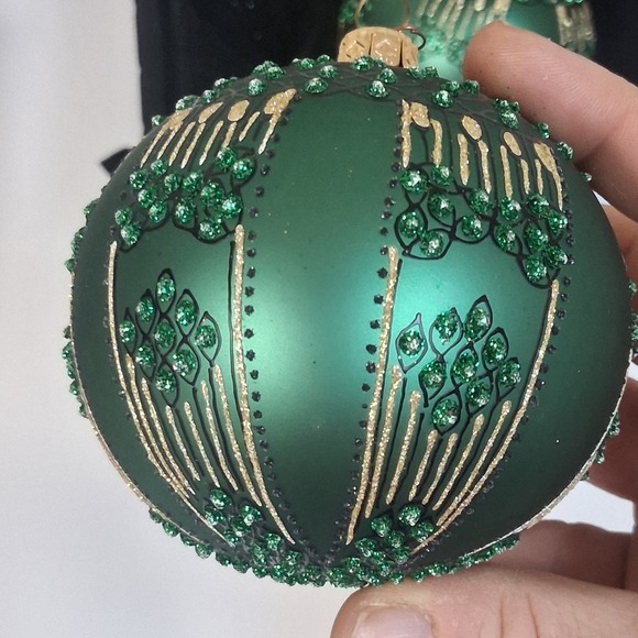 2 Vintage Dept 56 Poland Glass Ornaments Green Gold Glitter Embellished Elegant - Picture 13 of 16